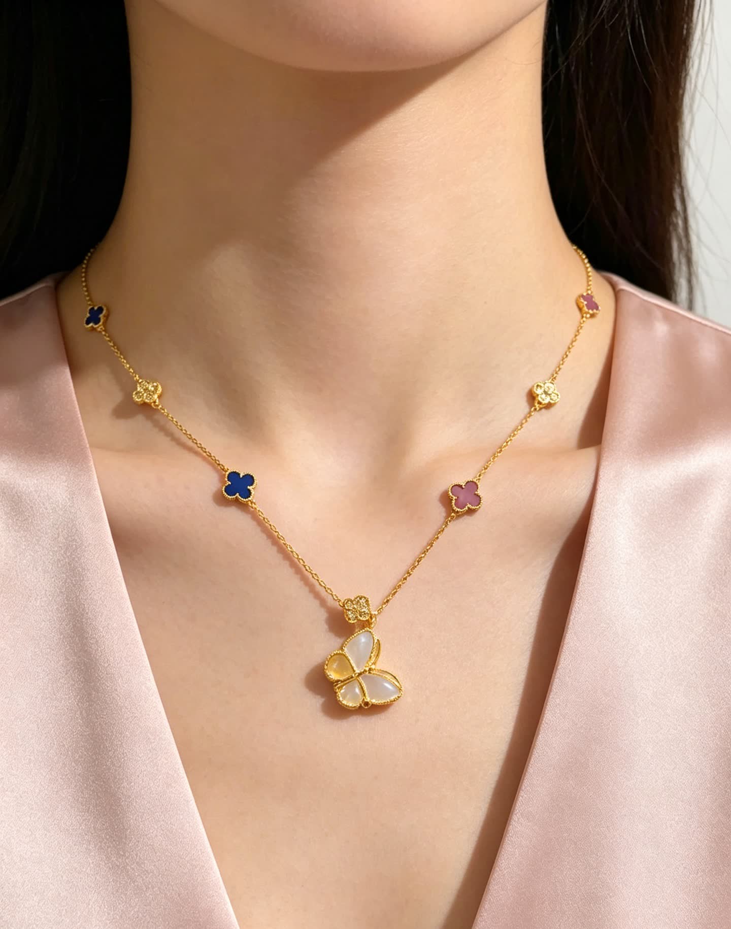 Van Cleef & Arpels Vintage Alhambra Gold Necklace with Butterfly Pendant